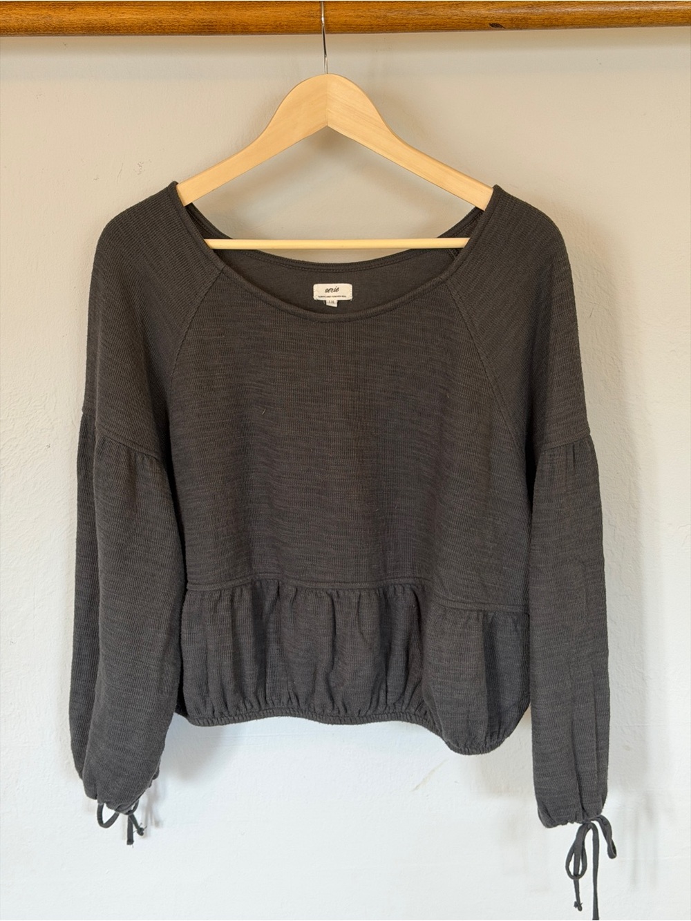 aerie Charcoal Gray Peplum Sweatshirt with Tie Cuffs